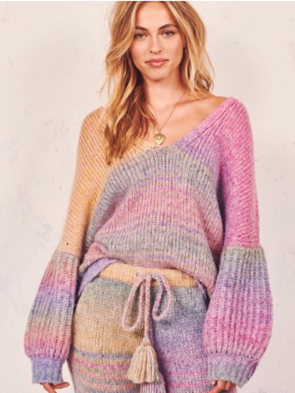 LoveShackFancy Rio Alpaca Multicolor V-Neck Balloon Sleeve Sweater M/L